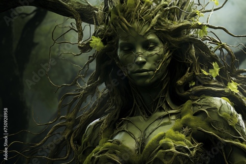 A fairy tale character, a green woman. A forest mother with roots instead of hair. Fantasy world.