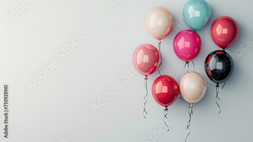 colorful shiny balloons isolated on one corner of white background, happy birthday, or other party event cards or banners, with copy space for text