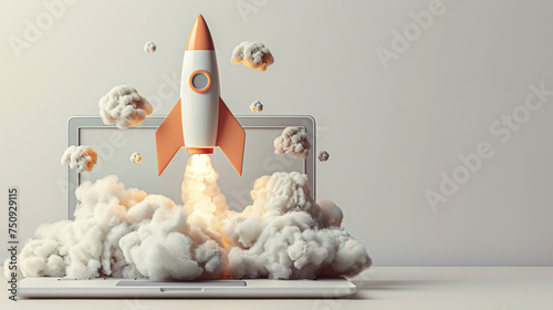 Space rocket shuttle with a cloud of smoke and blast takes off from a laptop, rocket launching from a laptop 3D rendering, Business start up or goal to success.creativity of human