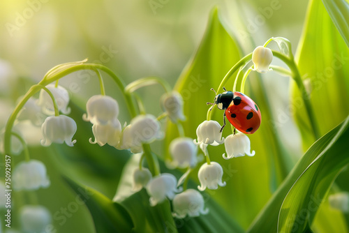 Ladybug on Lily of the Valley Flower