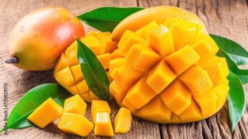 a cut up mango sitting on top of a wooden table next to a mango and a piece of mango on top of a green leaf. photo