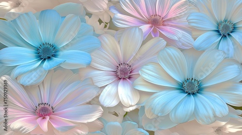 a close up of a bunch of flowers with blue, pink, and white flowers in the middle of the picture. photo