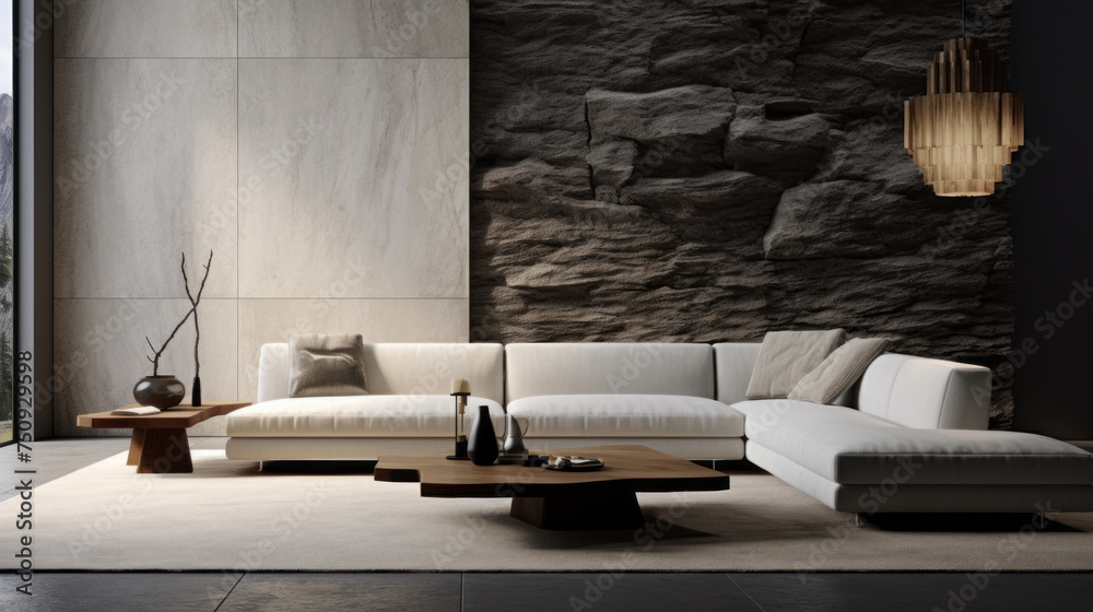 View of A modern living room with textured wall finishes featuring a black and ...