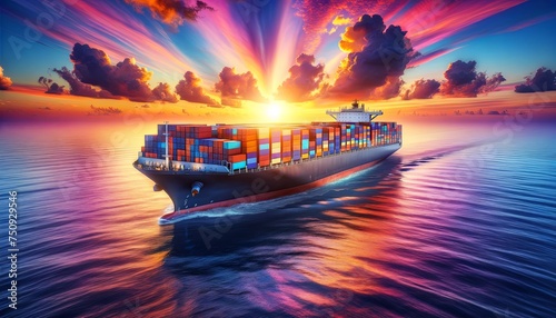 Vibrant Sunset Horizon Embraces a Cargo Ship with containers on its Oceanic Journey, Reflecting a Symphony of Colors