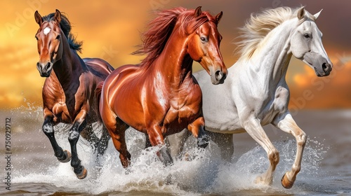 a group of three horses running through a body of water with a sunset in the background and clouds in the sky.