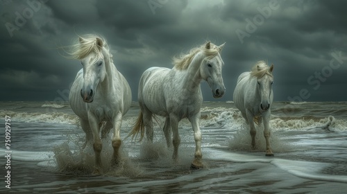 three white horses are running in the water at the edge of the ocean on a stormy day with dark clouds in the sky.