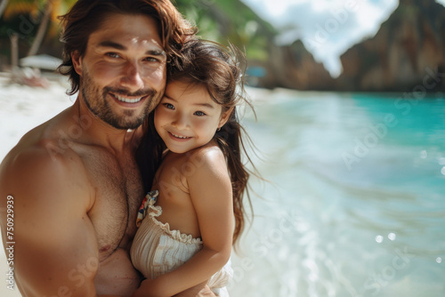 Father holds child in arms against background of tropical sea with palm trees © sofiko14
