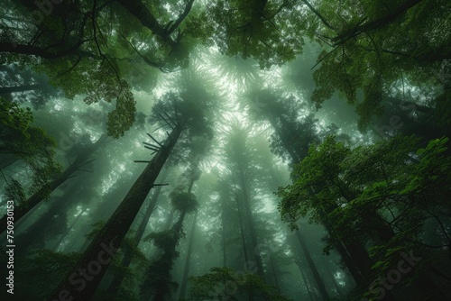 A mystical forest shrouded in mist.