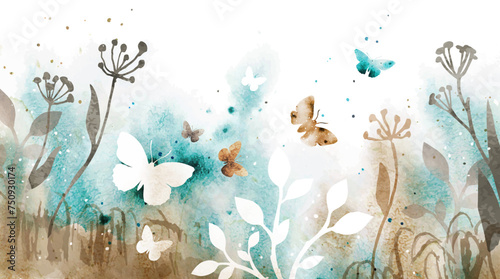 Fototapeta Naklejka Na Ścianę i Meble -  Vector watercolor stylish illustration with herbs, wildflowers, branches, moths and butterflies isolated on white dackground. Romantic night abstract nature design for poster, banner, card