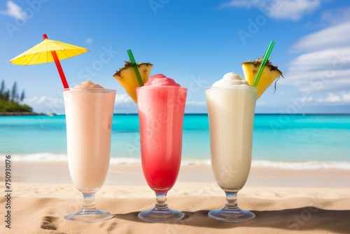 Three cocktail glasses on a paradise beach with yellow sand blue sky and turquoise sea Bright colors