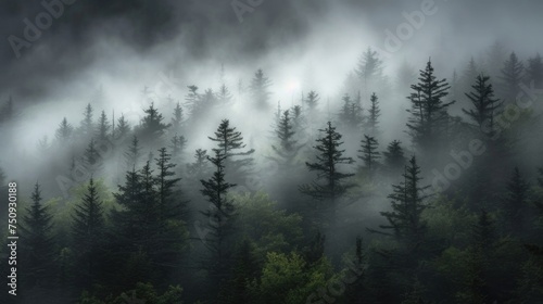 A mystical forest shrouded in mist.