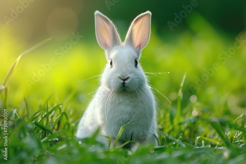 A glowing white rabbit in a lush green meadow
