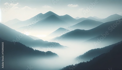 Serene Mountain Landscape Enveloped in Misty Layers with Sunlight Piercing Through © Alex Bayev