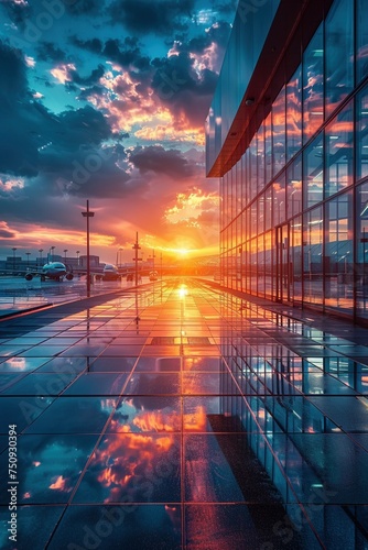 Enter the realm of a bustling airport scene as the morning sun paints the sky with a dramatic palette, setting the stage for the day's journey