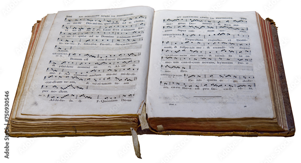 Obraz premium Ancient church music scores book with lyrics in latin, page title says 