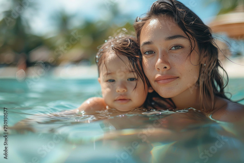 Asian mother holds a child in his arms while swim in tropical sea with palm trees