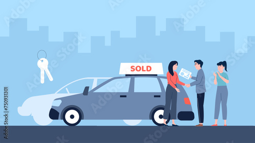 Young woman buy first car. Used cars sales, sold good automobile. Seller and buyer on auto market, make a deal vector flat concept