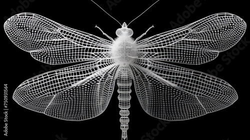 a black and white photo of a dragonfly on a black background with a white outline of a dragonfly on it's wings.
