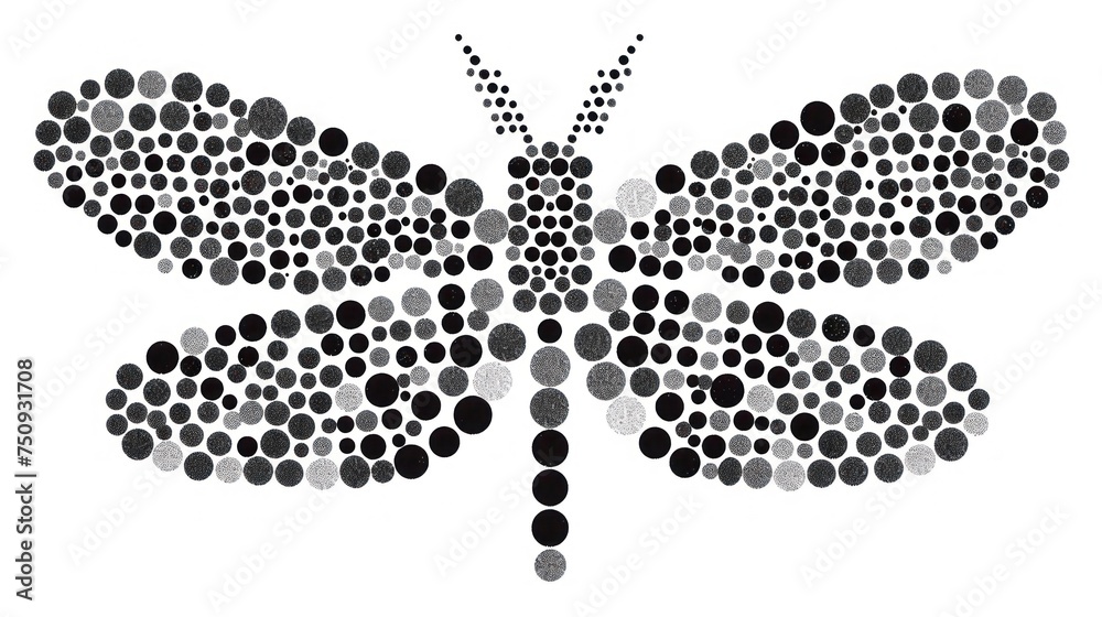 a black and white image of a dragonfly made out of small black and white circles on a white background. a black and white image of a dragonfly made out of small black and white circles on a white background.