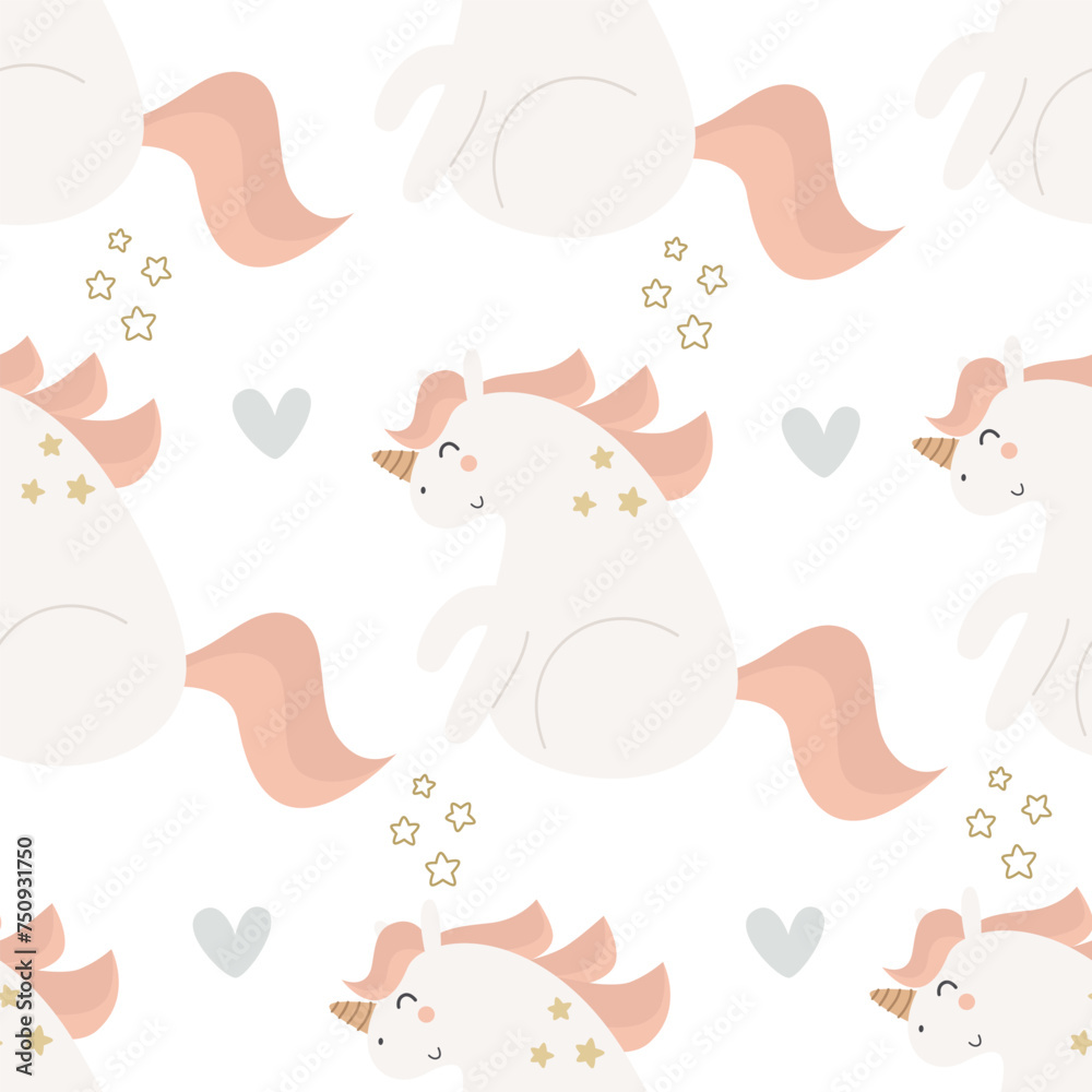 seamless pattern with cartoon unicorns. Magic. Colorful vector flat style for kids. Animals. hand drawing. baby design for fabric, print, wrapper