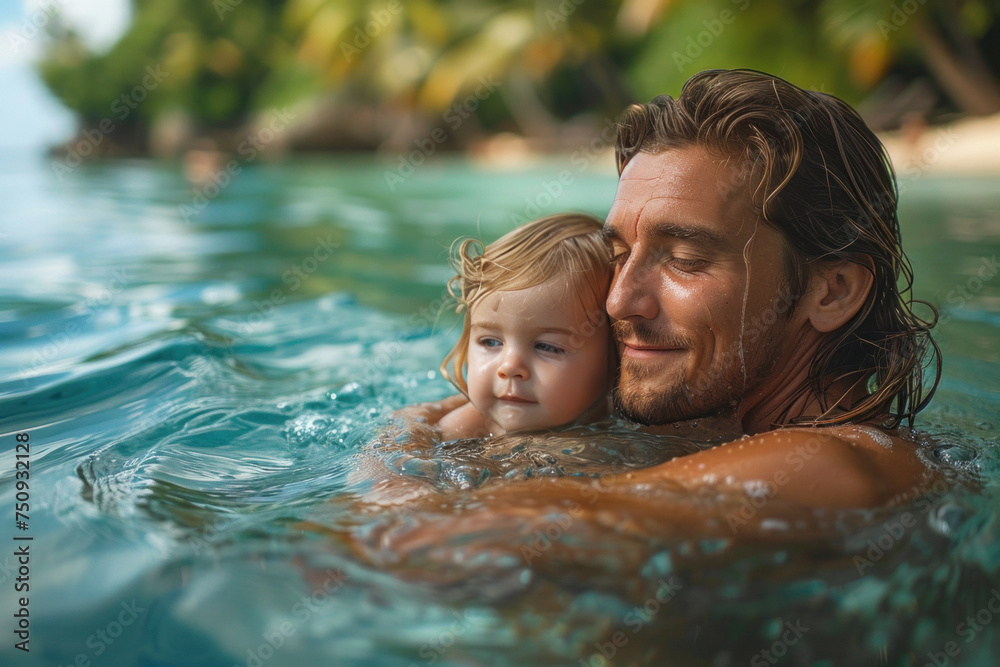 Caucasian father holds a child in his arms while swim in tropical sea with palm trees Caucasian father holds a child in his arms while swim in tropical sea with palm trees
