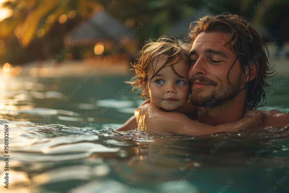 Caucasian father holds a child in his arms while swim in tropical sea with palm trees Caucasian father holds a child in his arms while swim in tropical sea with palm trees
