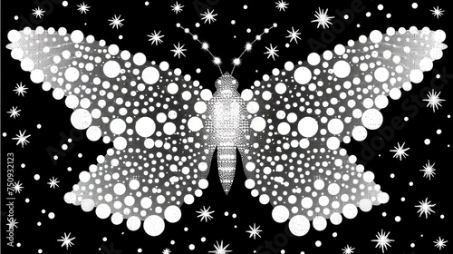 a black and white image of a butterfly with white dots on it's wings and a black background with stars and snowflakes. photo