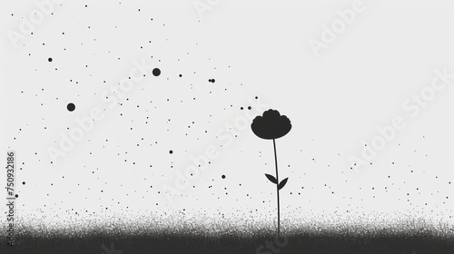 a black and white photo of a flower in the middle of a field with drops of water on the ground. photo