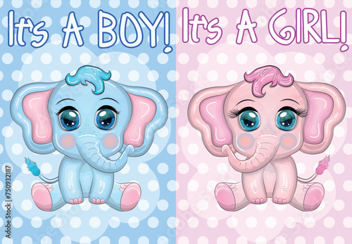 Baby Shower greeting card with Cute Elephant boy and girl with beautiful eyes with a butterfly, children's