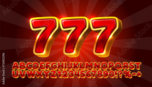 Casino golden font, color red. English alphabet and numbers sign. Vector illustration