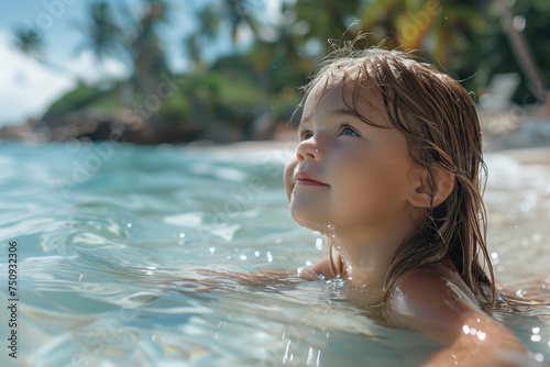 Caucasian child girl swim on tropical sea against the background of palm trees.