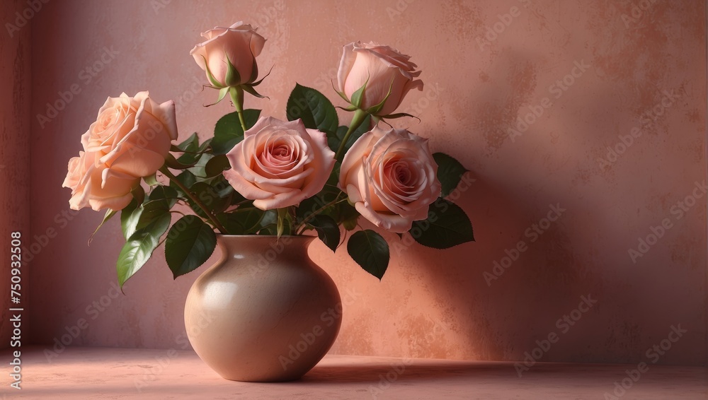 Fototapeta premium Peach Roses in a Pink Vase 44