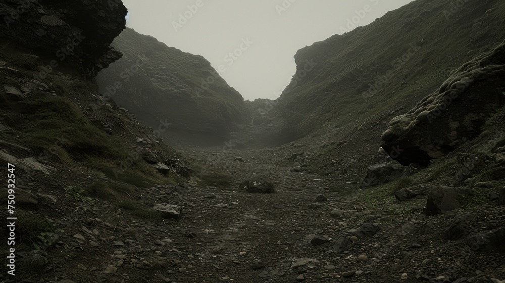 a dirt path in the middle of a mountain with rocks and grass on both sides of the path and a foggy sky in the background.