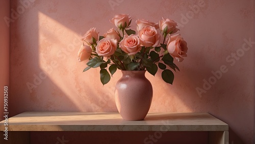 Peach Roses in a Pink Vase 42