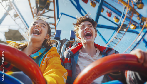 Portraits of two teenagers couple in love or brother and sister emotional screaming and laughing moment while they enjoying Roller coaster Funny time attraction ride on city carnival entertainment. photo