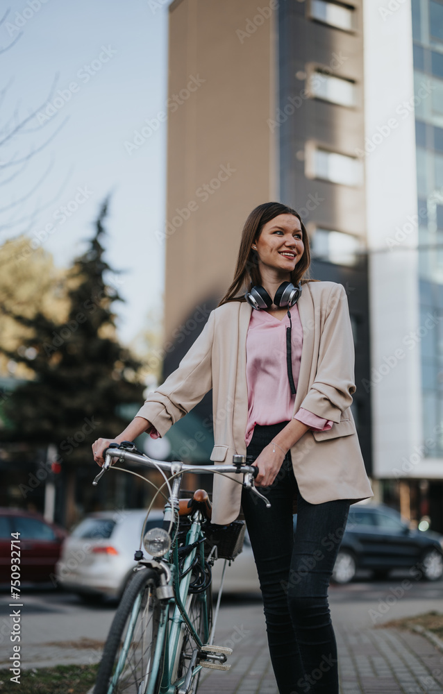 Casually dressed young woman smiling while standing with her bike on an urban street, headphones around her neck.