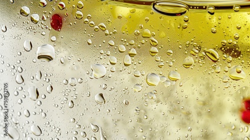 drops of water on a window pane with a red flower in the foreground and a yellow building in the background. photo