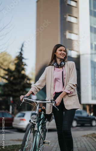 Casually dressed young woman smiling while standing with her bike on an urban street, headphones around her neck. © qunica.com