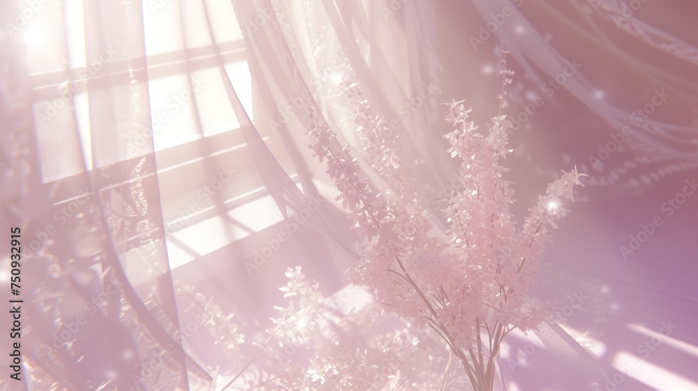 a blurry photo of a tree in front of a window with the sun shining through the sheered curtains. - obrazy, fototapety, plakaty 