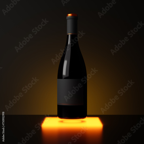 Bottle of red wine with blank label on glowing floor isolated over dark background. Mockup template. 3d rendering.