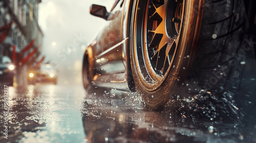 Close-up shot of a racing tire on a wet street