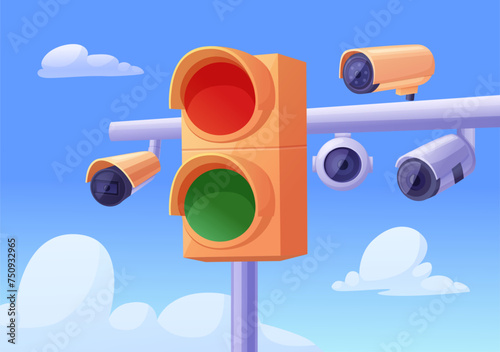 Road security. Enforcement cameras on traffic light. Cctv, police radar on urban modern roans. Monitoring systems, control nowaday vector scene