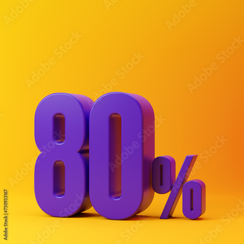 Purple eighty percent or 80 % isolated over yellow background. 3D rendering.