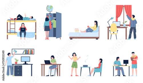 Students in dormitory. College or university student lives with neighbors. Young adults in furnished rooms, hostel or camp, recent vector scenes