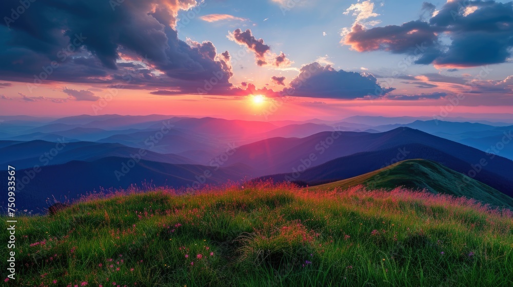 Obraz premium Fiery Sunset and Blooming Hills