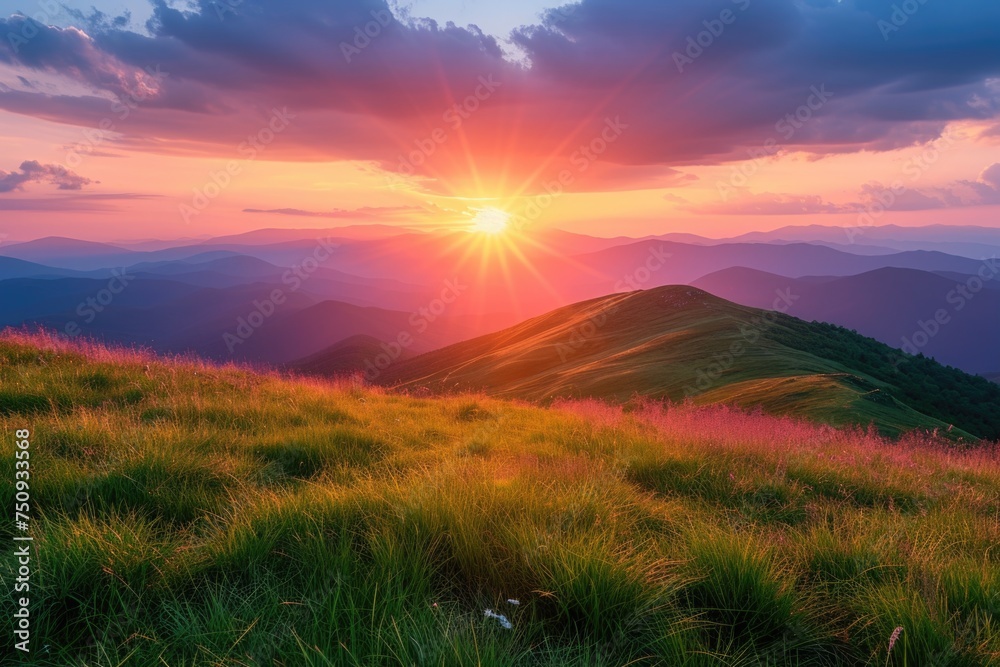 Fiery Sunset and Blooming Hills