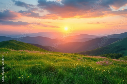 Sunset Over Flowering Mountain Meadow