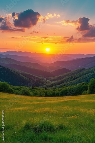 Fiery Sunset and Blooming Hills