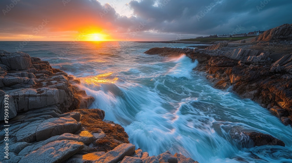 Fototapeta premium Sunset Waves on Rocky Shoreline
