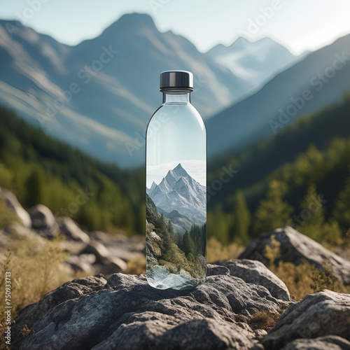 A pristine bottle of water placed on a rock captures the reflection of a majestic snow-capped mountain surrounded by lush greenery and a flowing stream, illustrating nature’s purity under a clear sky